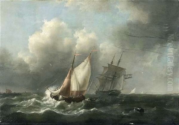 Segelschiffe Unter Bewolktem Himmel In Aufgewuhlter See Oil Painting by Johannes Christiaan Schotel