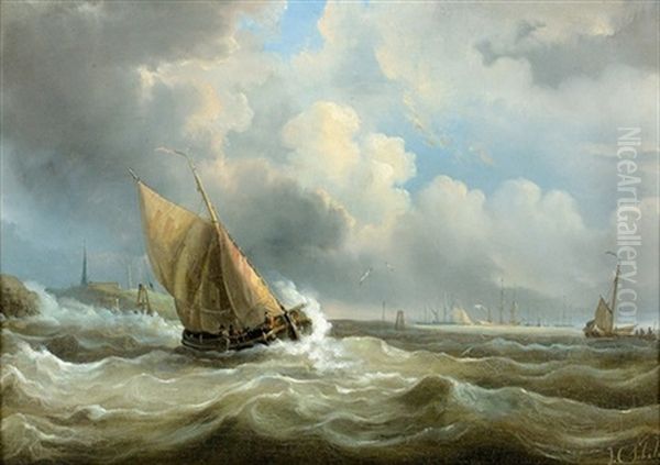 Kustenpartie Mit Fischerboot Oil Painting by Johannes Christiaan Schotel