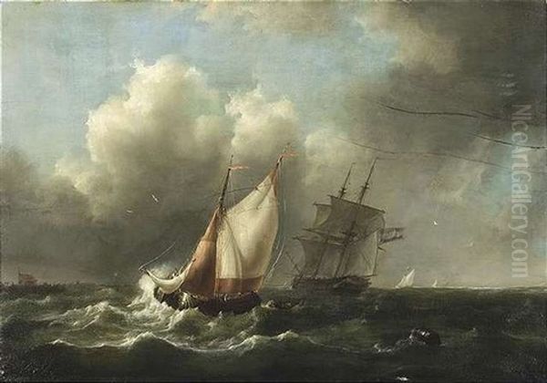 Segelschiffe Unter Bewolktem Himmel In Aufgewuhlter See Oil Painting by Johannes Christiaan Schotel