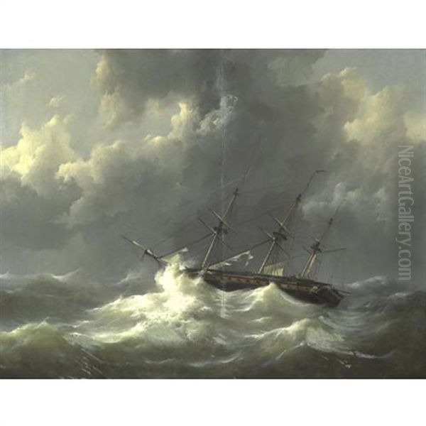 Ship In Distress Oil Painting by Johannes Christiaan Schotel