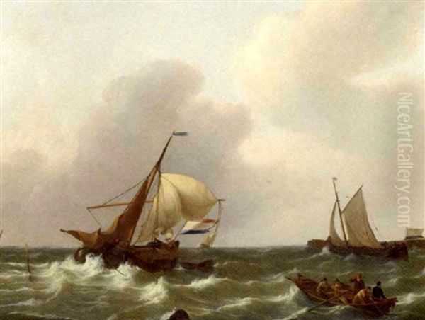 Dutch Vessels On A Choppy Sea By A Harbour Entrance by Johannes Christiaan Schotel