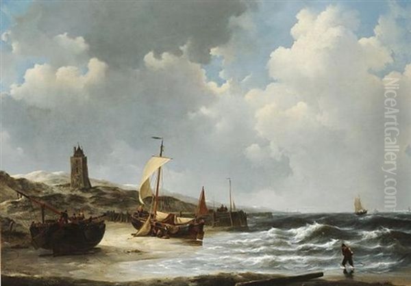 Fishing Boats On The Beach Near Egmond At Low Tide Oil Painting by Johannes Christiaan Schotel