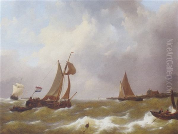 Shipping By A Harbour Entrance On A Windy Day Oil Painting by Johannes Christiaan Schotel