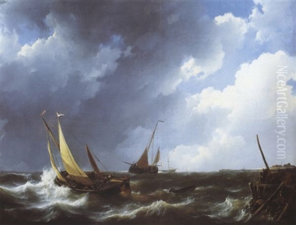 Bateaux Dans La Tempete Oil Painting by Johannes Christiaan Schotel