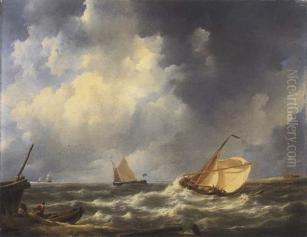 Voiliers Sur Une Mer Agitee Oil Painting by Johannes Christiaan Schotel