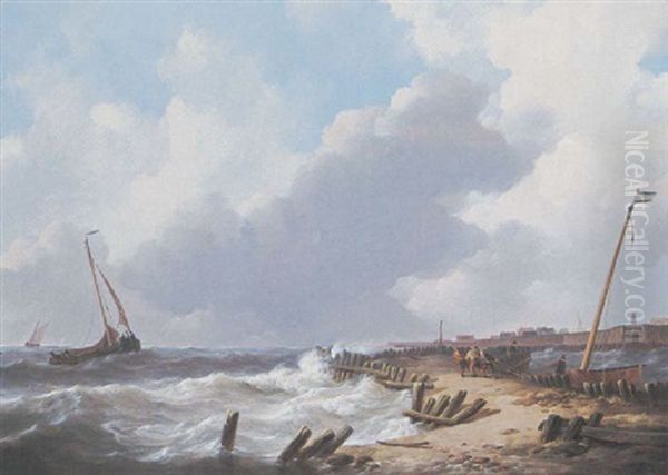 Shipping In Choppy Waters, Dordrecht In The Distance Oil Painting by Johannes Christiaan Schotel