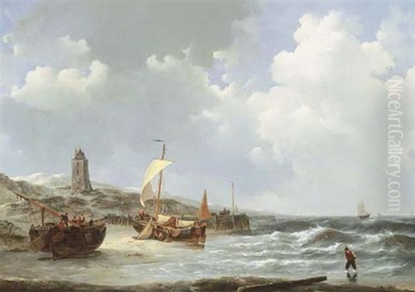 Fishing Boats On The Beach Near Egmond At Low Tide Oil Painting by Johannes Christiaan Schotel