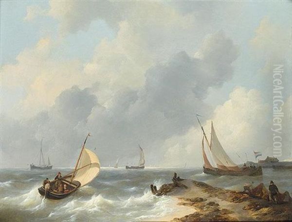 Shipping In High Seas Oil Painting by Johannes Christiaan Schotel