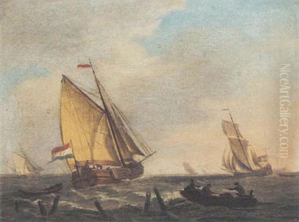 A Dutch Barge Setting Out To Sea Oil Painting by Johannes Christiaan Schotel