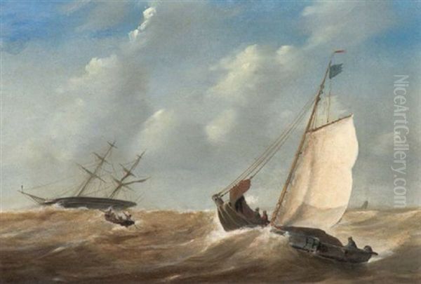 Marine. Segel- Und Ruderboote In Aufgewuhlter See Oil Painting by Johannes Christiaan Schotel