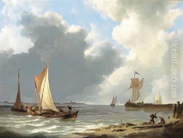 Sailing Vessels In An Estuary by Johannes Christiaan Schotel