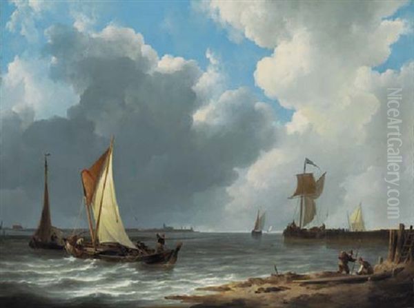 Shipping Off The Dutch Coast Oil Painting by Johannes Christiaan Schotel