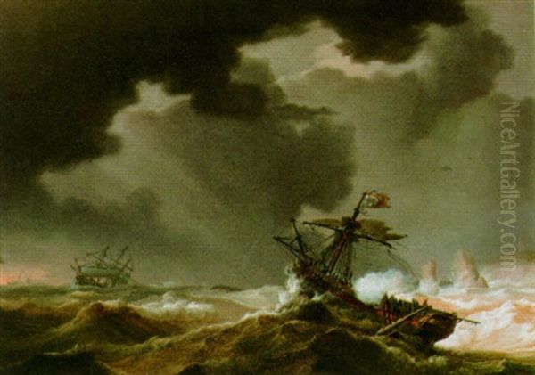 Sailors In Distress Oil Painting by Johannes Christiaan Schotel