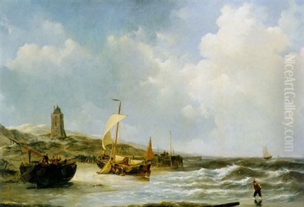 Fishing Boats At Low Tide Oil Painting by Johannes Christiaan Schotel