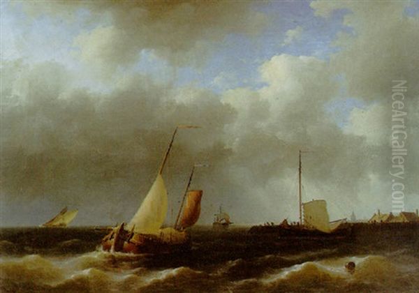 Ships In A Harbour In Stormy Weather Oil Painting by Johannes Christiaan Schotel