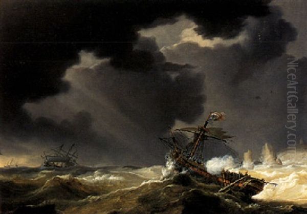 A Threemaster On A Stormy Sea Oil Painting by Johannes Christiaan Schotel