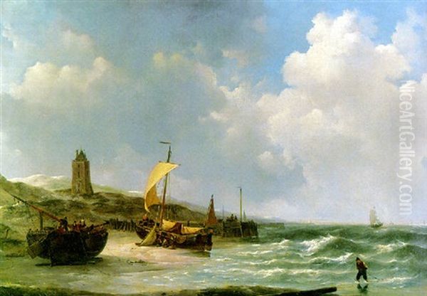 Fishing Boats At Low Tide Oil Painting by Johannes Christiaan Schotel