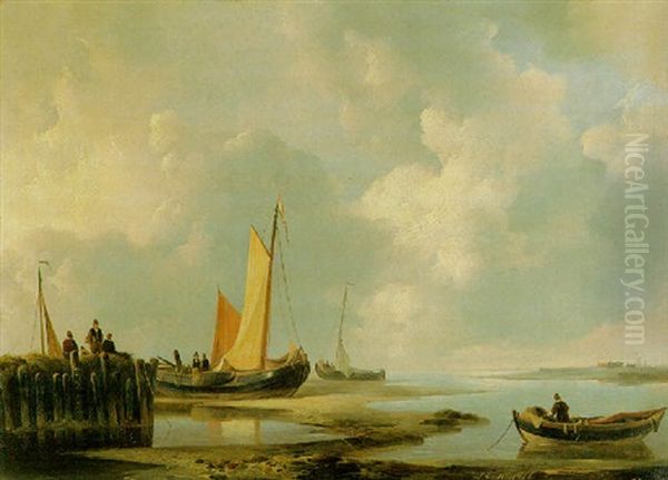 Figures At The Shore Oil Painting by Johannes Christiaan Schotel