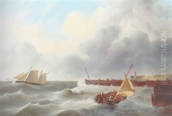 A Sailing Boat By A Jetty In A Stiff Breeze, A Two-master Setting Out Beyond Oil Painting by Johannes Christiaan Schotel