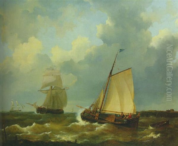 Busy Shipping Lanes Off The Dutch Coast Oil Painting by Johannes Christiaan Schotel