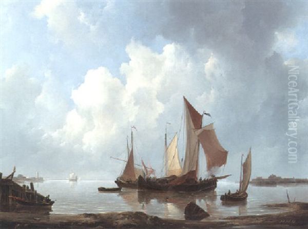 Shipping Vessels In A Estuary Oil Painting by Johannes Christiaan Schotel