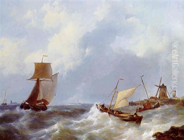 Shipping In An Estuary In Rough Weather Oil Painting by Johannes Christiaan Schotel