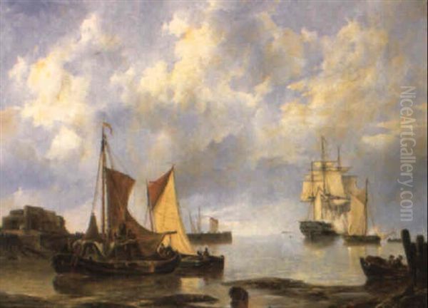 Shipping On An Estuary Oil Painting by Johannes Christiaan Schotel