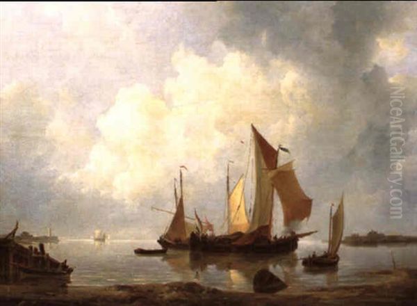 Bateaux Sur Mer Calme, Pres Du Rivage Oil Painting by Johannes Christiaan Schotel