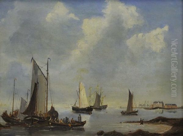 Fishing Boats Near Shore Oil Painting by Petrus Jan (Johannes) Schotel