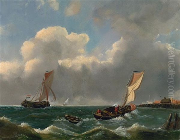 Boote Vor Hafeneinfahrt In Holland by Petrus Jan (Johannes) Schotel