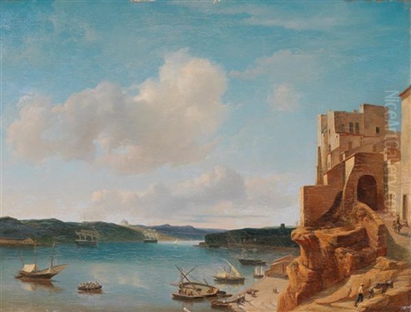 Port In The South With Fishing Boats Oil Painting by Petrus Jan (Johannes) Schotel