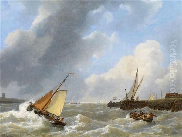 Boote Bei Sturmischer See In Der Flussmundung Oil Painting by Petrus Jan (Johannes) Schotel