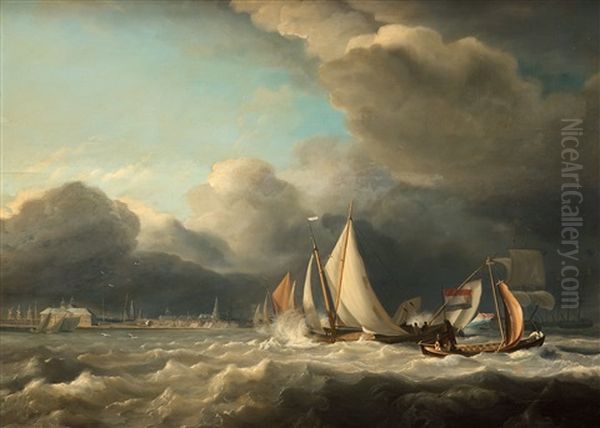 Dutch Ships By The Coast Oil Painting by Petrus Jan (Johannes) Schotel