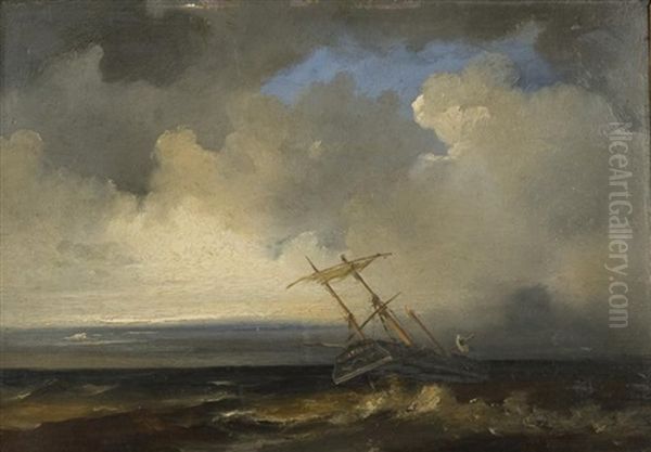 Ship In Stormy Sea Oil Painting by Petrus Jan (Johannes) Schotel