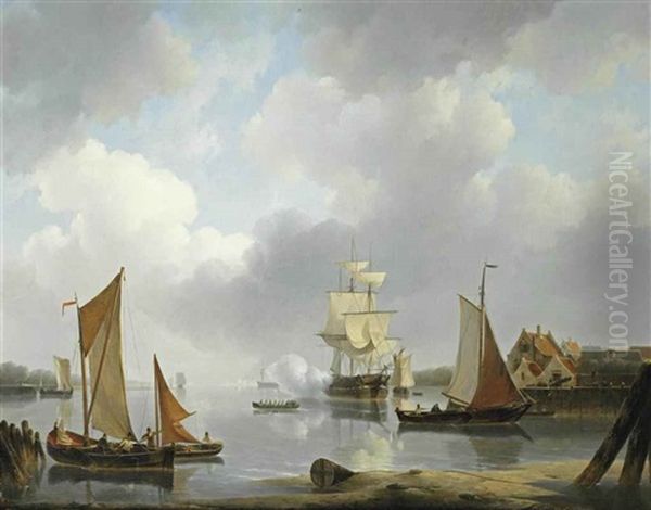 A Frigate Firing A Salute In The Harbor Entrance Oil Painting by Petrus Jan (Johannes) Schotel