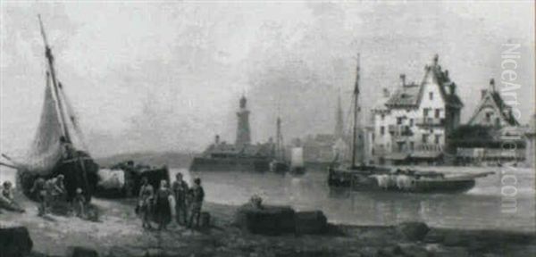 Unloading The Catch, Honfleur Oil Painting by Albert Schoth