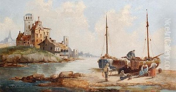 Unloading The Catch (+ Fishing On A Lake; Pair) Oil Painting by Anton Schoth