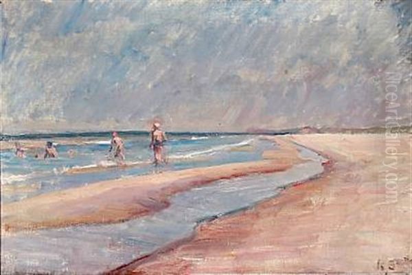 People On A Beach Oil Painting by Karl Holger Jacob Schou