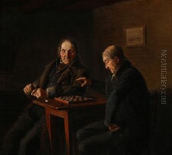 A Game Of Draughts Oil Painting by Ludvig Abelin Schou