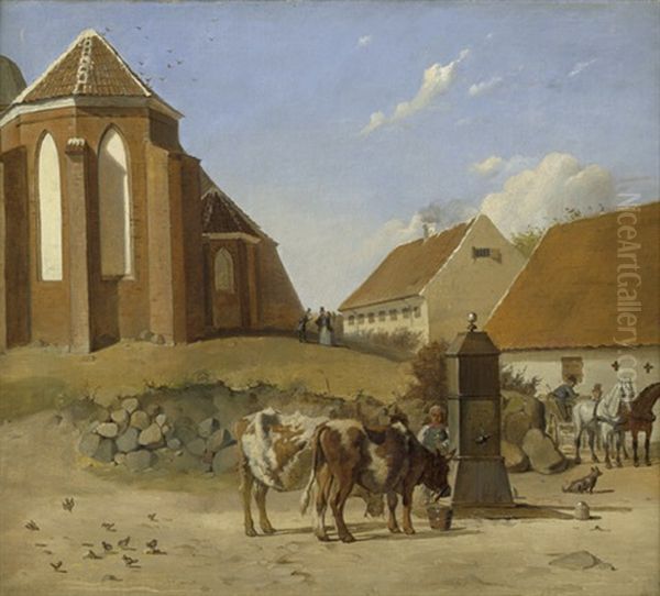 Landliche Idylle Vor Der Kirche Sankt Michael In Slagelse Auf Seeland Oil Painting by Ludvig Abelin Schou