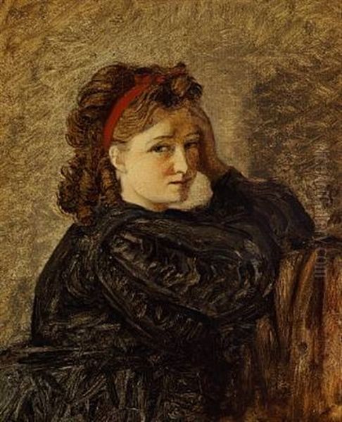 Portrait Of Elna Glad Nee Collin In A Black Dress And A Red Headband Oil Painting by Ludvig Abelin Schou