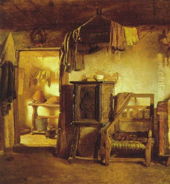 Bondestueinterior Med Bilaegerovn Oil Painting by Ludvig Abelin Schou