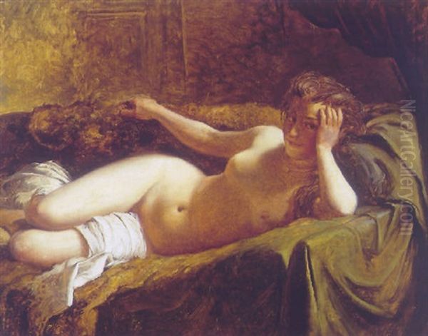 Ung Kvindelig Nogenmodel Liggende Henslaengt I En Sofa Oil Painting by Ludvig Abelin Schou