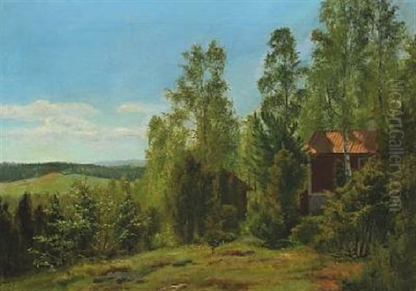 Swedish Landscape With A Cottage Between Trees Oil Painting by Peter Johan Schou