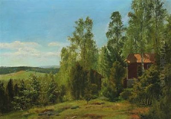 Swedish Landscape With A Cottage Between Trees Oil Painting by Peter Johan Schou