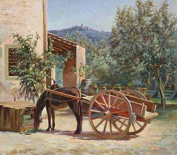 Donkey Chariot In Front Of A House In Settignano, Italy Oil Painting by Sigurd Soelver Schou