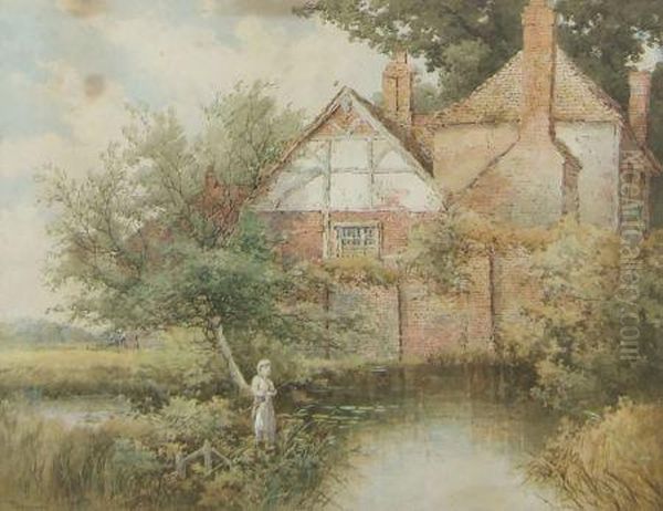 Figure Fishing In A Lake By Tudor Buildings Oil Painting by S. Bowers