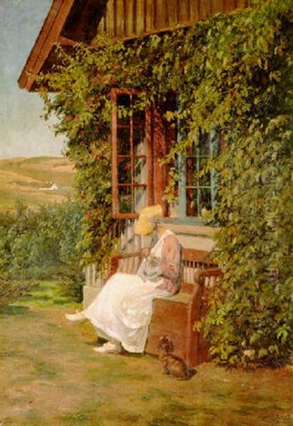 Sewing In The Morning Light Oil Painting by Sigurd Soelver Schou