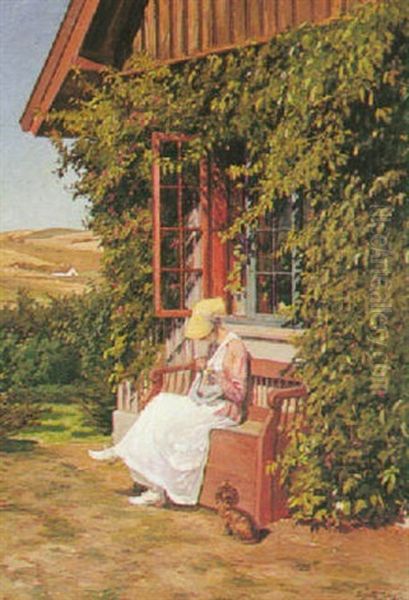 A Woman Sewing Outside Her House Oil Painting by Sigurd Soelver Schou