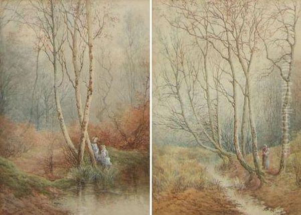 Figures In Autumn Wooded Landscapes Oil Painting by S. Bowers